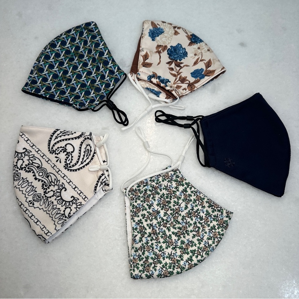Set of 5 Tory Burch Silky Face Masks Logo Floral Geometric Adjustable Wire SET#1